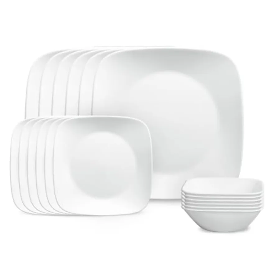 

Vitrelle 18-Piece Service for 6 Square Dinnerware Set Triple Layer Glass and Chip Resistant Lightweight Square Plates and Bowls
