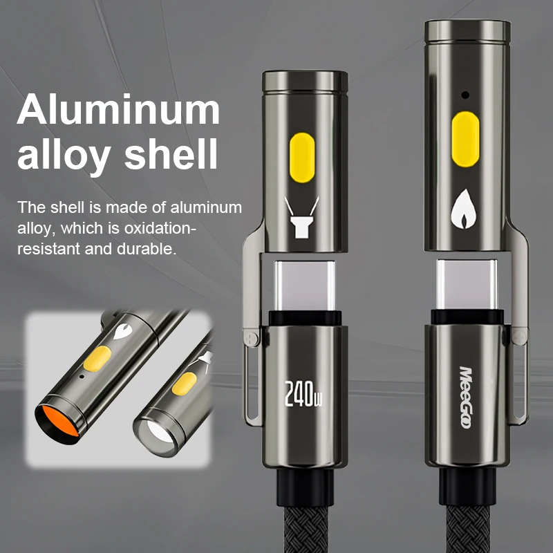 MeeGoo 240w Fast Charging Cable Type C To Type C Flashlight Multifunctional with Lighter & LED Braided USB C Cable For all Phone