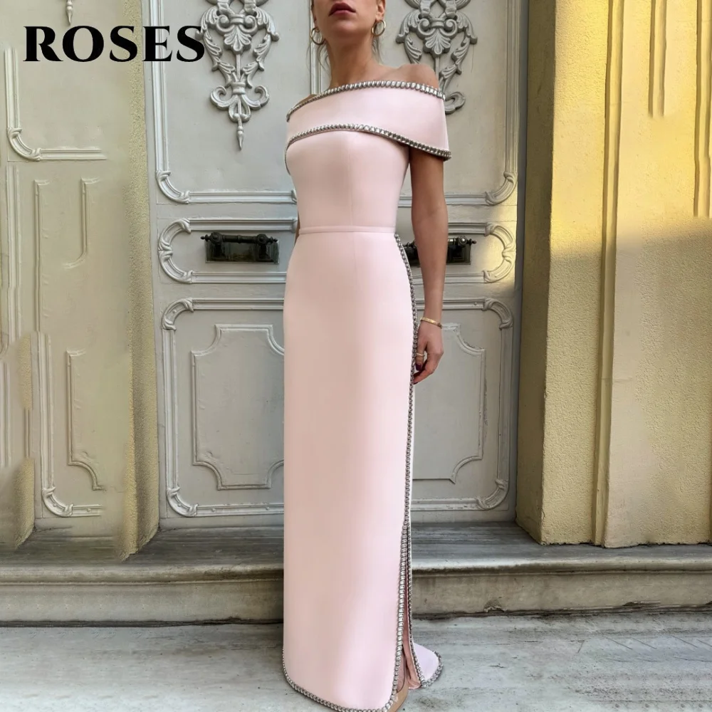 

ROSES Pink Trumpet Prom Dresses Off the Shoulder Gala Dresses Pleats Satin Saudi Arabic Evening Party Gown with Split Customized