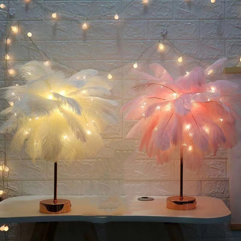 LED Night Light Feather Table Lamp Feather Lamp Fluffy Lamp USB Chargable Battery Power Decoration for Bedroom Bedside Wedding