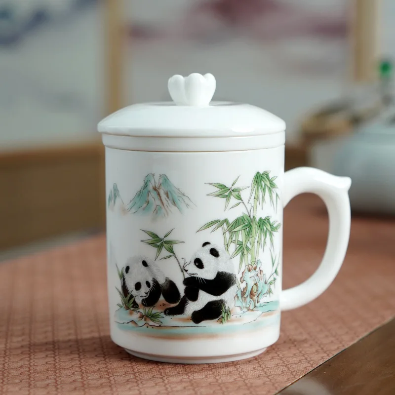 

Ceramic Panda cup Office mug filter with lid tea separation Large capacity office cup white porcelain cup