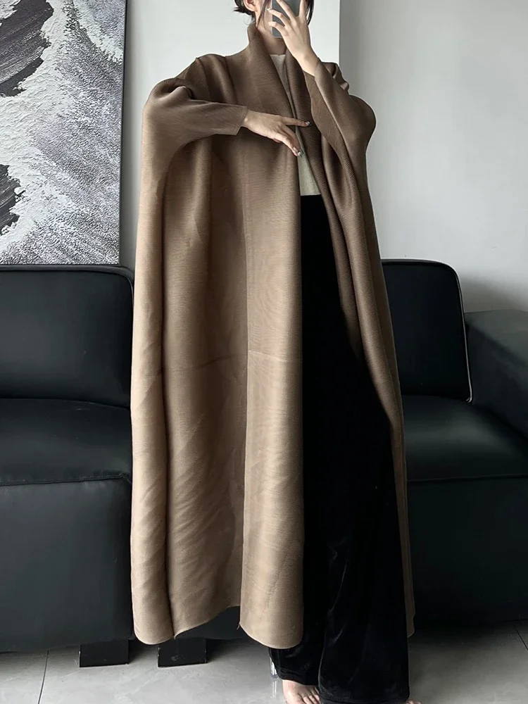 miyake Autumn Solid Color Pleated Windbreaker Women Loose Scraf Collar Long Sleeve Elastic Cardigan Coat Fashion 2024 New