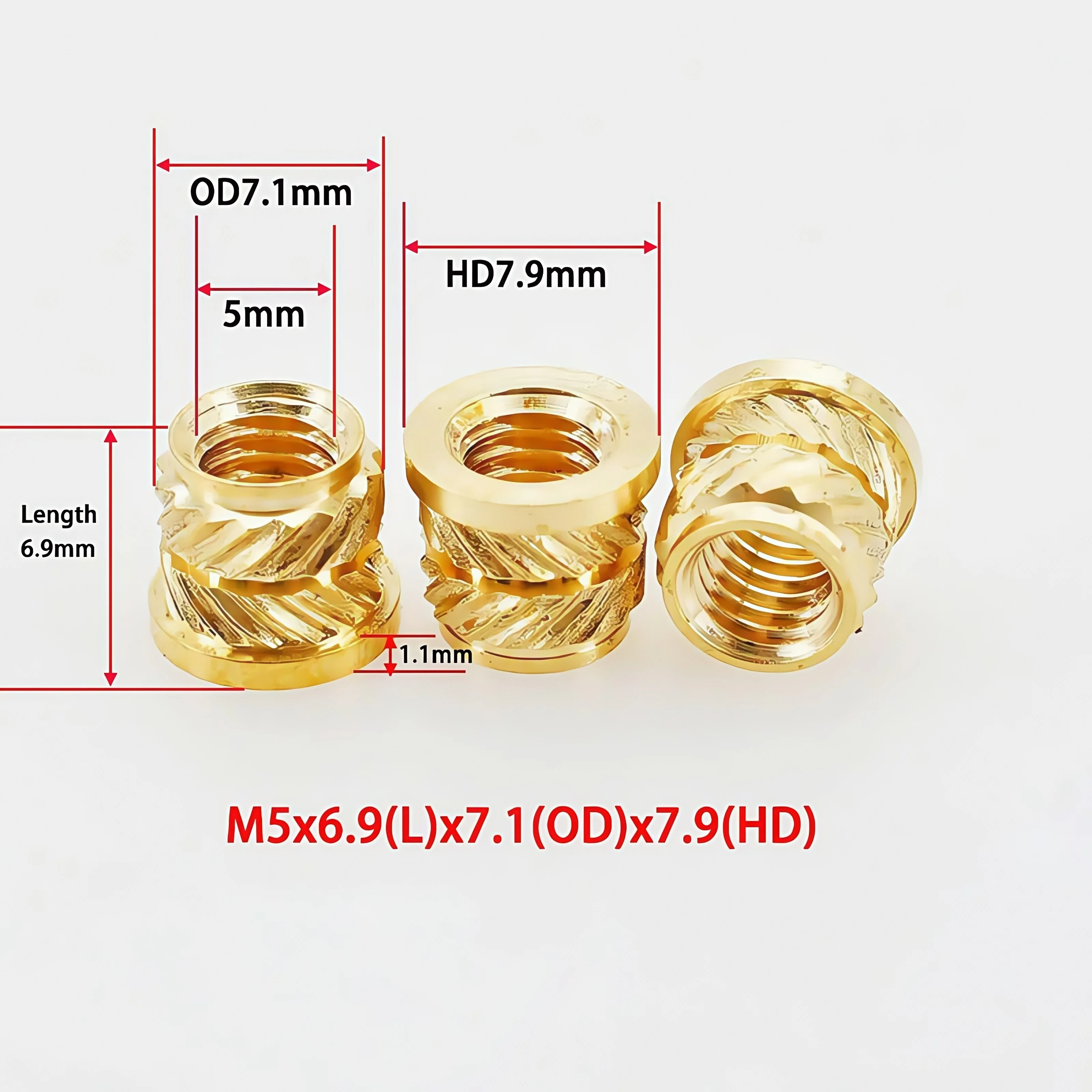 Messing-Wärmeeinsatzmutter M2 M3 M4 M5 M6 M8 Heißschmelzflanschgewinde gerändelt T-Typ Kupfer 3D-Druck Spritzguss-Formmutter