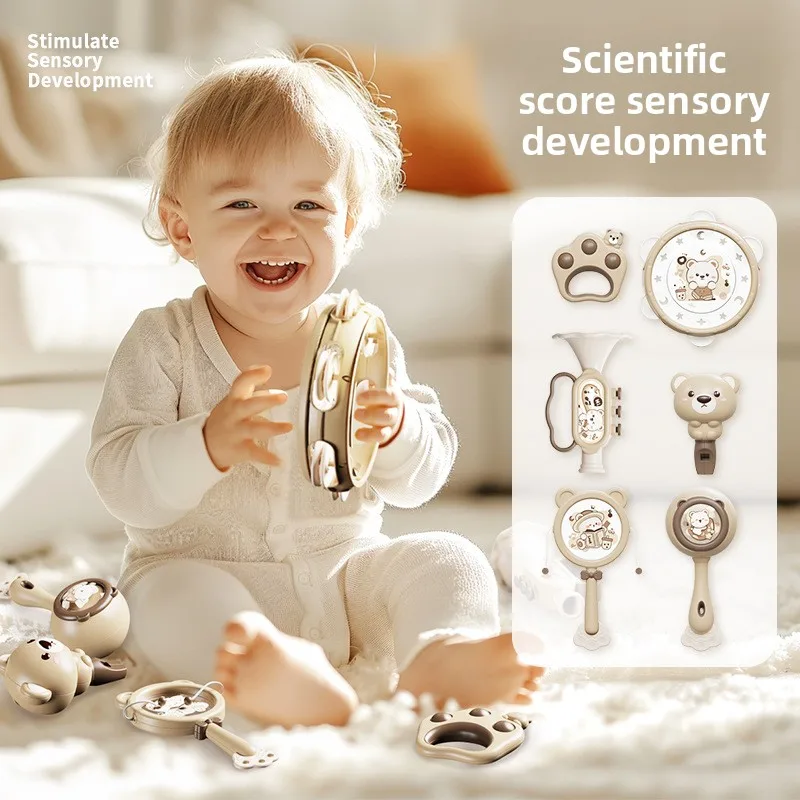 لعبة جرس مكرنك يدويًا للأطفال مع ألغاز وقبضة قابلة للمضغ - مجموعة حسية للتعلم المبكر لتعليم الأطفال الصغار واللعب المهدئ