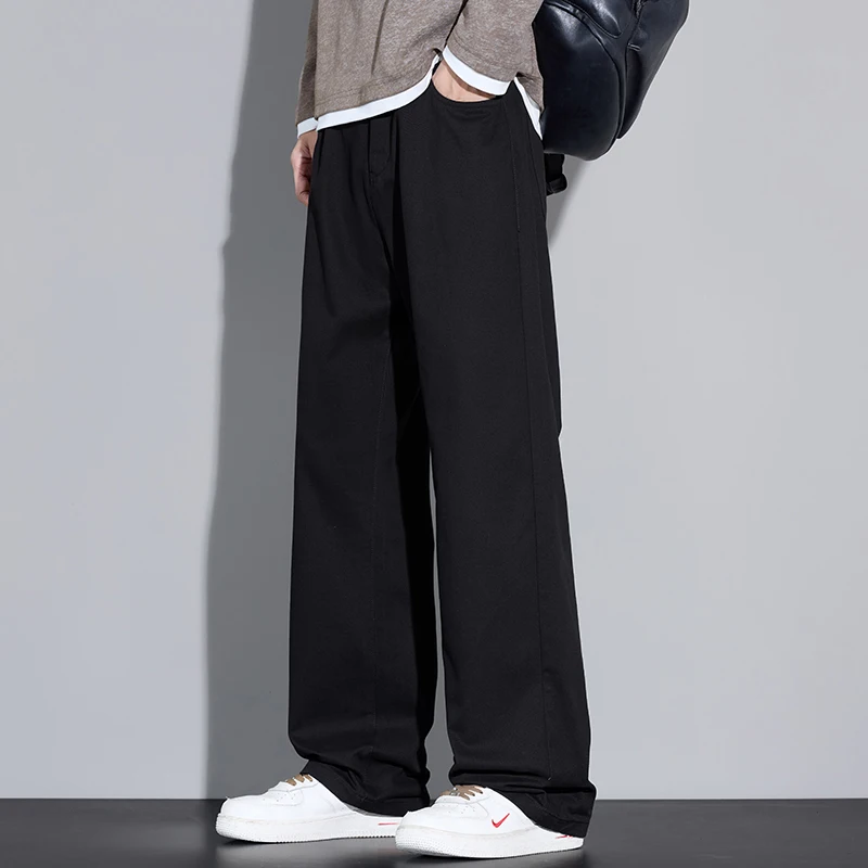 100% القطن الرجال فضفاض واسعة الساق السراويل لينة تنفس فضفاض مستقيم بناطيل كاجوال ربيع الخريف موضة الكورية الشارع الشهير