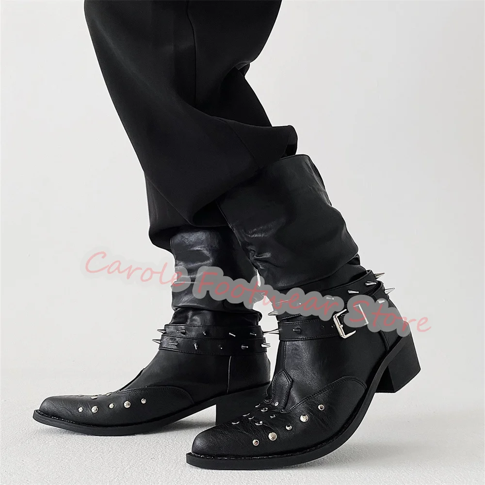 Punk rebite cinto fivela preto botas plissadas para homens dedo do pé apontado salto grosso ocidental cowboys botas masculino vestido de festa botas de cavaleiro