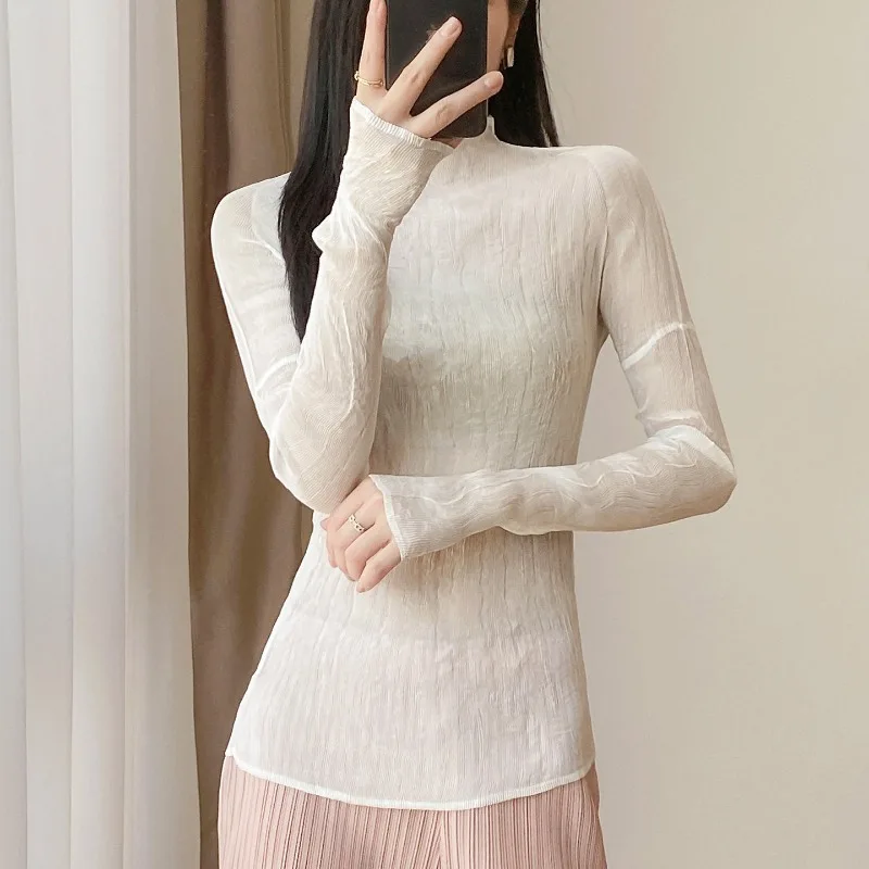 Miyake Minimalist High Neck Long Sleeve T-Shirt New Casual Simple Base Shirt Women's Lightweight Transparent Stretch Willow Top