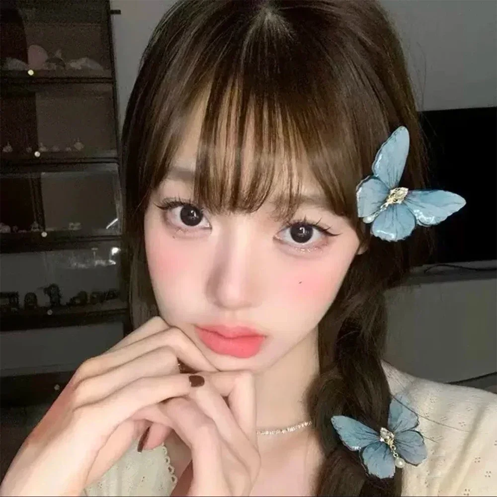 女の子のためのグラデーションパープルバタフライヘアピン、ヴィンテージイミテーションパールペンダント、アリゲータークリップ、甘いサイドダクビルクリップ、韓国エレガント