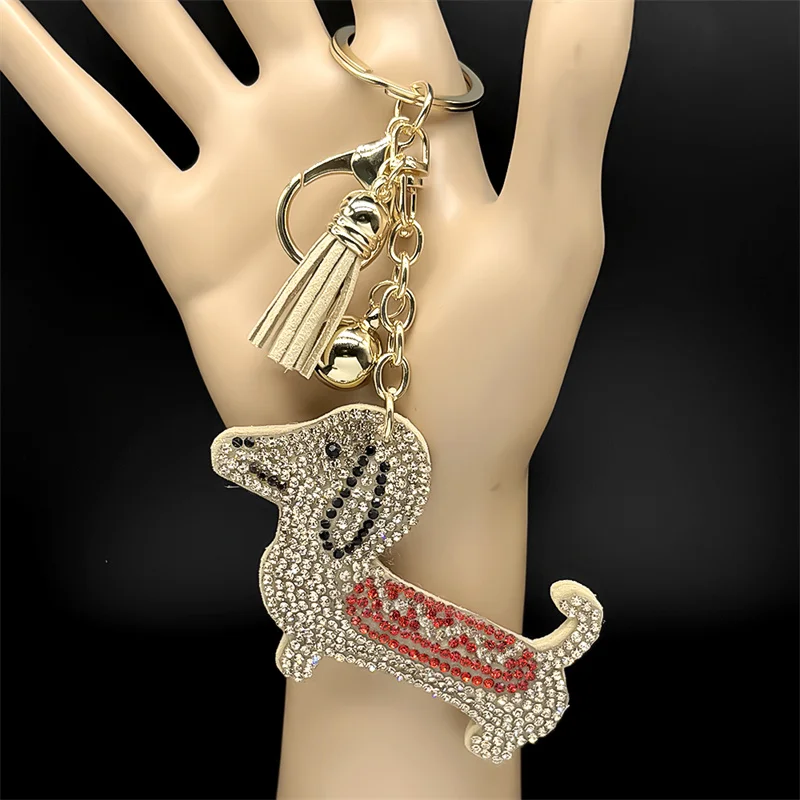 Glatter Dackel-Hund-Schlüsselanhänger für Damen und Herren, voller Kristall, niedlicher Tier-Welpen-Quaste, Damentasche, Zubehör, Schlüsselanhänger, Schmuck, Geschenke – Detail 7