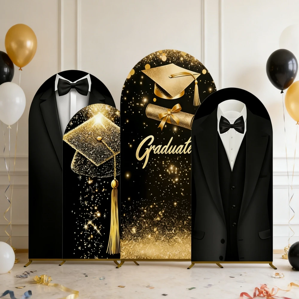 

Фон для выпускного вечера: арка, черно-золотые блестки, шапка выпускника, черный костюм, украшение для празднования выпускного, фон для вечеринки