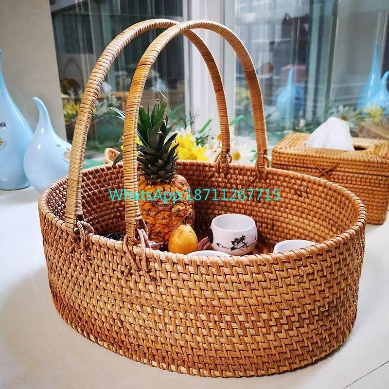 

Vietnam rattan outdoor picnic basket handmade basket woven rattan vegetable bread fruit sundries portable storage basket