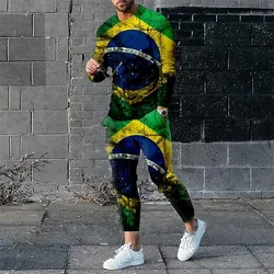 Men's 3D printed long sleeved set Brazil/France/Spain flag sportswear long sleeved pants 2-piece set men's sportswear clothing