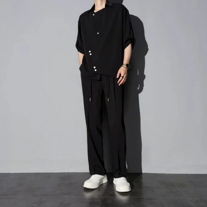 Spring and summer high-end casual fashion shirt light luxury 2-piece set asymmetrical irregular set for men