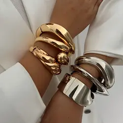 Thick Hip Hop Metal Cuff Wide Bangles Vintage Fashion Punk Gold Silver Color Bangle For Women Geometric Bracelets Chunky Jewelry