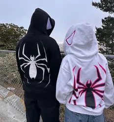 Women Dark Spider Print Hoodie Pullover Hip Hop Punk Zipper Long Sleeve Jacket Winter Couple Casual Sweatshirt Men Y2K Clothes