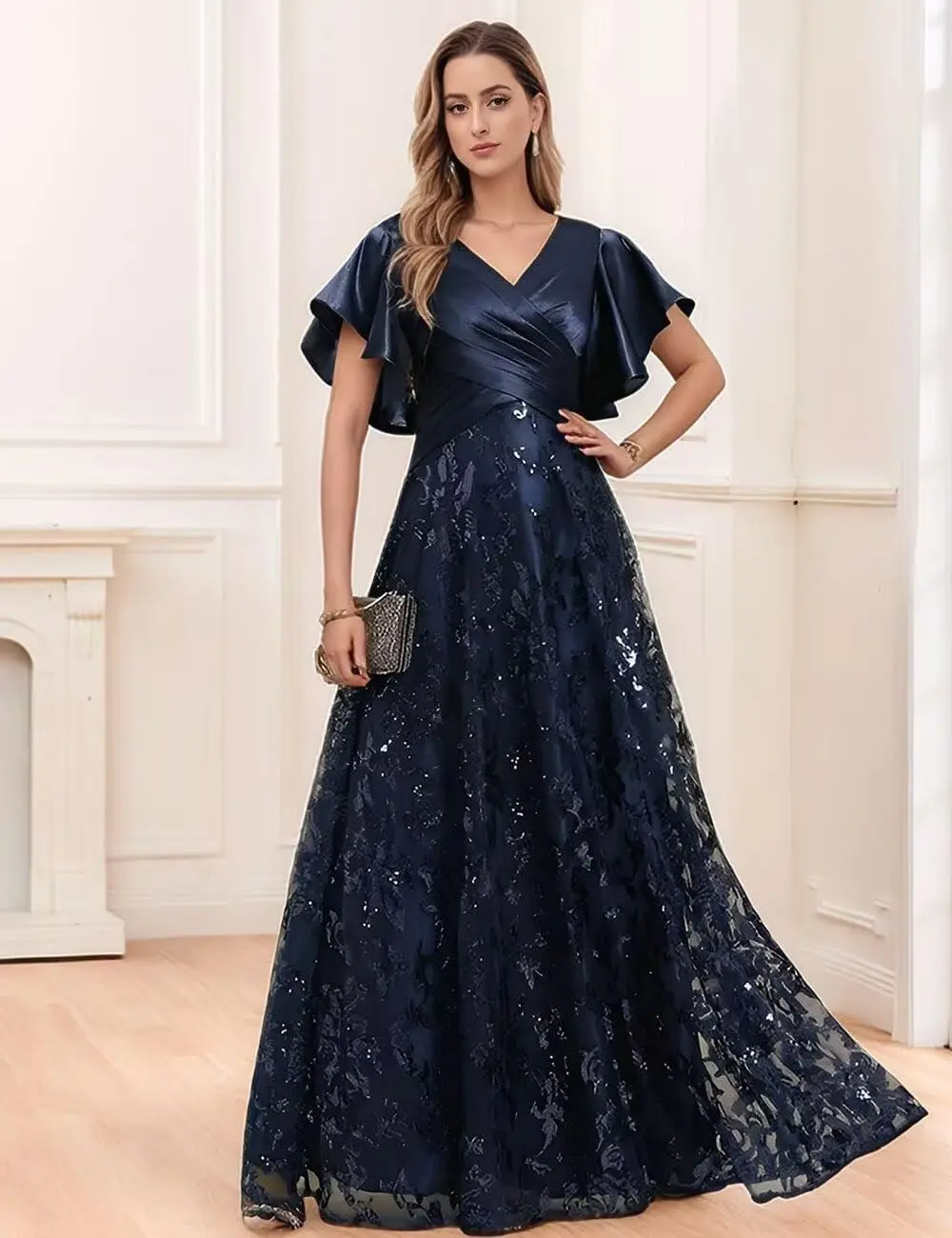 Vestidos de lentejuelas para madre de la novia con mangas Vestido de noche plisado de satén para mujer formal