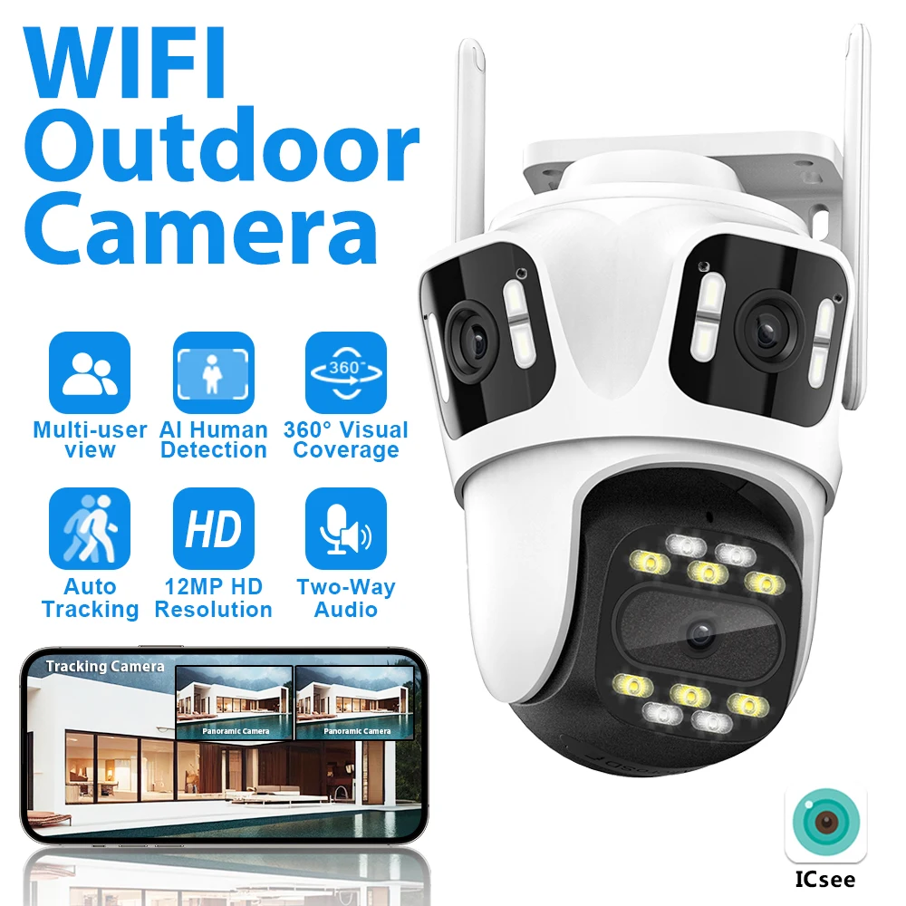 

6K 12MP Triple Lens PTZ IP Camera Outdoor 6K HD Triple Screen WiFi Security Camera Auto Tracking 4K Dual Lens Wired CCTV Camera