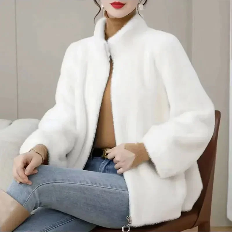 Female Long Sleeves Fur Jacket Winter Ladies Loose Faux Fur Outwear 2024 High End Women Fashion Stand Collar Mink Fur Coat Top