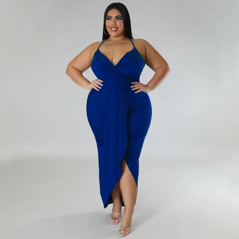 KEXU Wrap Deep V-neck Ruched Spaghetti Strap High Side Slit Maxi Plus Size Women Dress Sexy Party Club Even Bodycon Dress