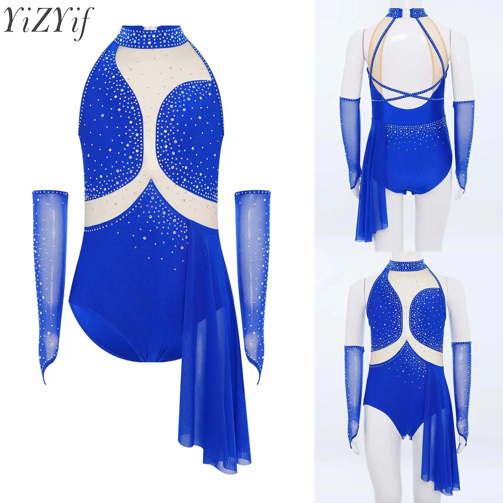 

Kids Girls Ballet Gymnastics Leotard Dress Figure Skating Lyrical Dancewear Rhinestones Sheer Mesh Skirted Bodysuit with Gloves