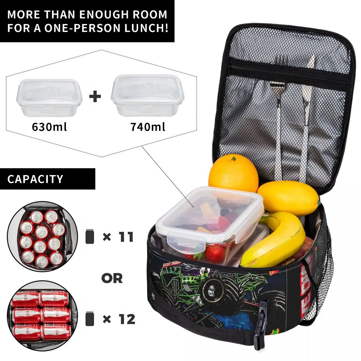 Grave Digger Jump Monster Jam Trucks Insulated Lunch Bags Portable Meal Container Thermal Bag Lunch Box Tote School Bento Pouch