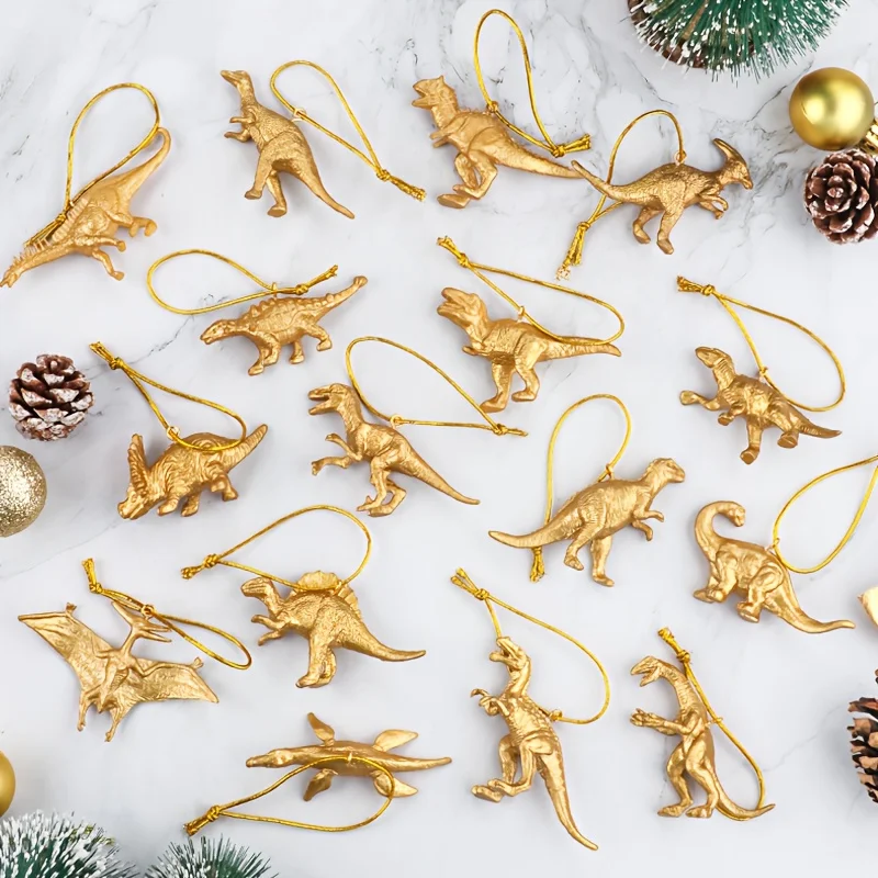 16 Stück Mini goldene Dinosaurier-Ornamente, Weihnachtsbaum, hängende Party-Dekoration für DIY, Neujahr, Zuhause, festliche Feiern, Dekorationen
