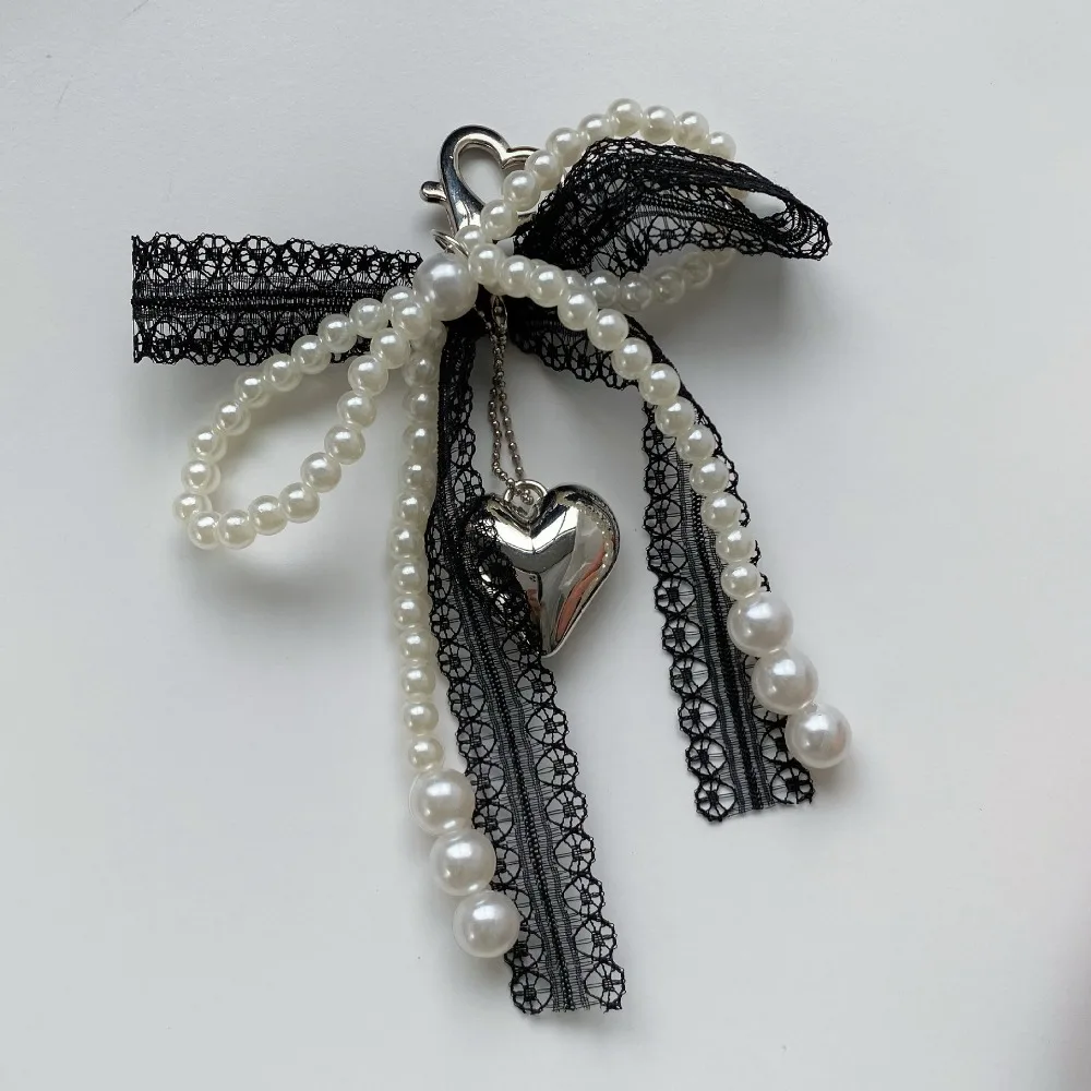 New Sweet Pearl Bow Keychain Heart Lace Pendant Korean Y2K Car Keychain Pendants Beauty Girl Bag Pendant Accessories