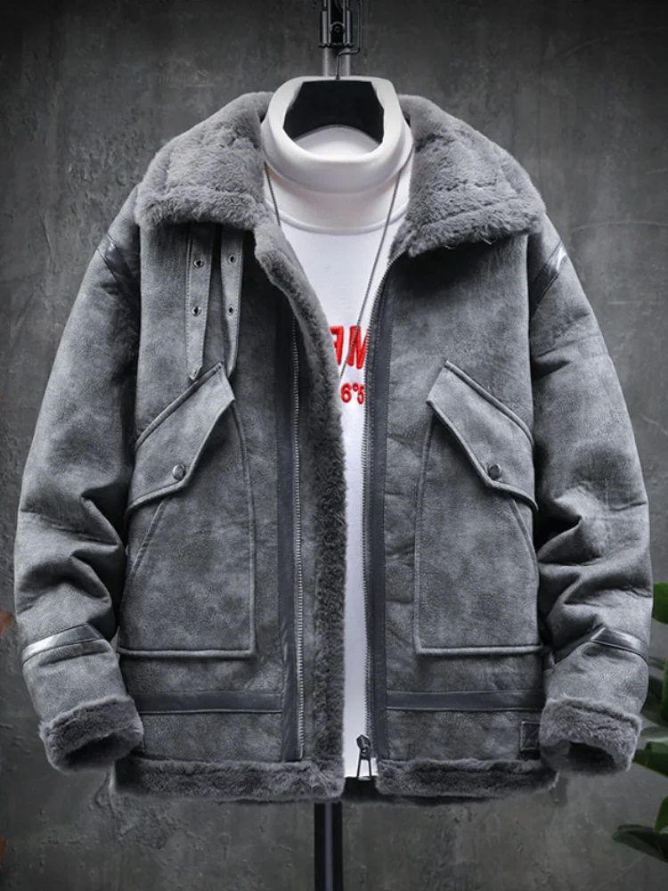 

Lamb Fur Jaet Men's Autumn Winter Thiened Cotton Parka Deer Skin Velvet Jaet Warmth Outerwear Long Sve Zipper Closure