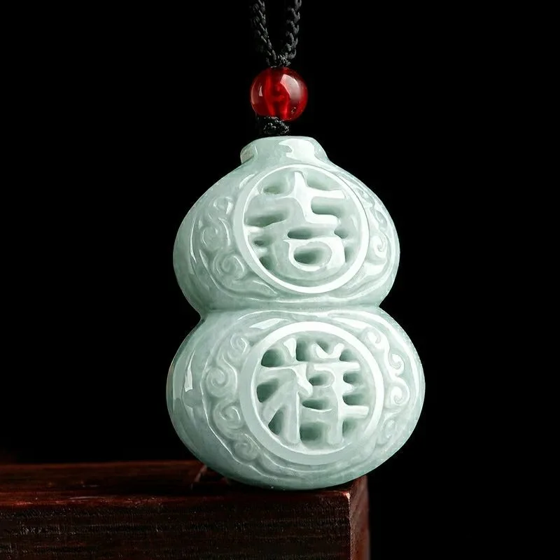 Natural Naked Jade Floating Emerald Gourd Pendant Jade Pendant Ice Flo Necklace for Men and Women