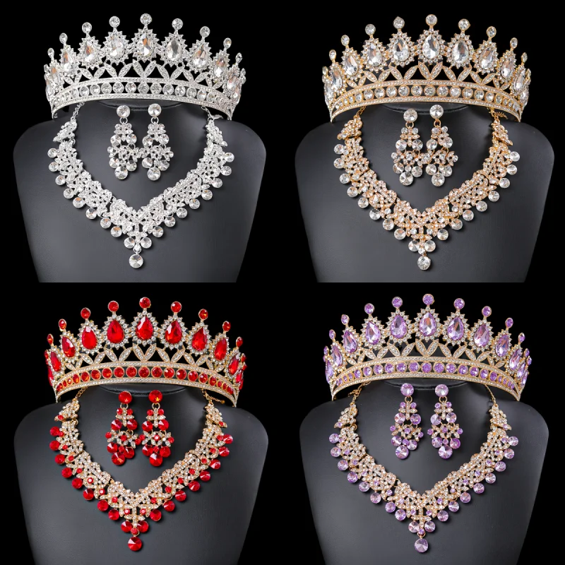 Luxury Crystal Tiaras And Crowns Rhinestone Diadem necklace Set For Women Prom Bridal Wedding Hair Accessories Jewelry Crown Set