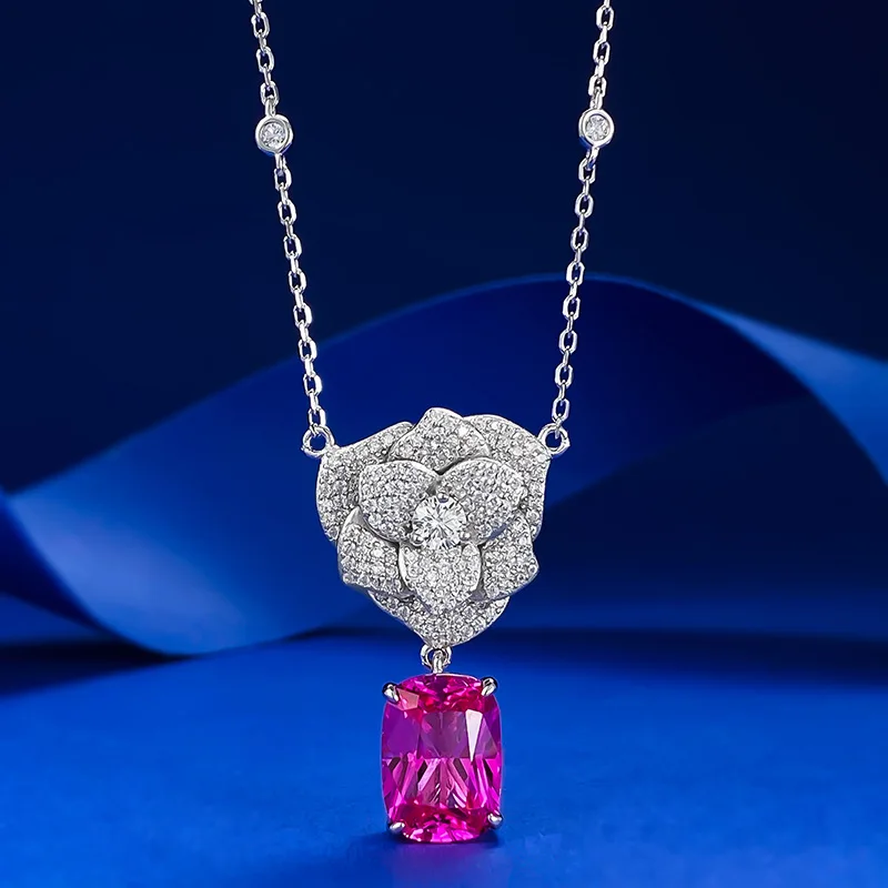 

Live new product S925 silver micro inlaid camellia 9 * 12 rose red diamond necklace for women's collarbone chain pendant