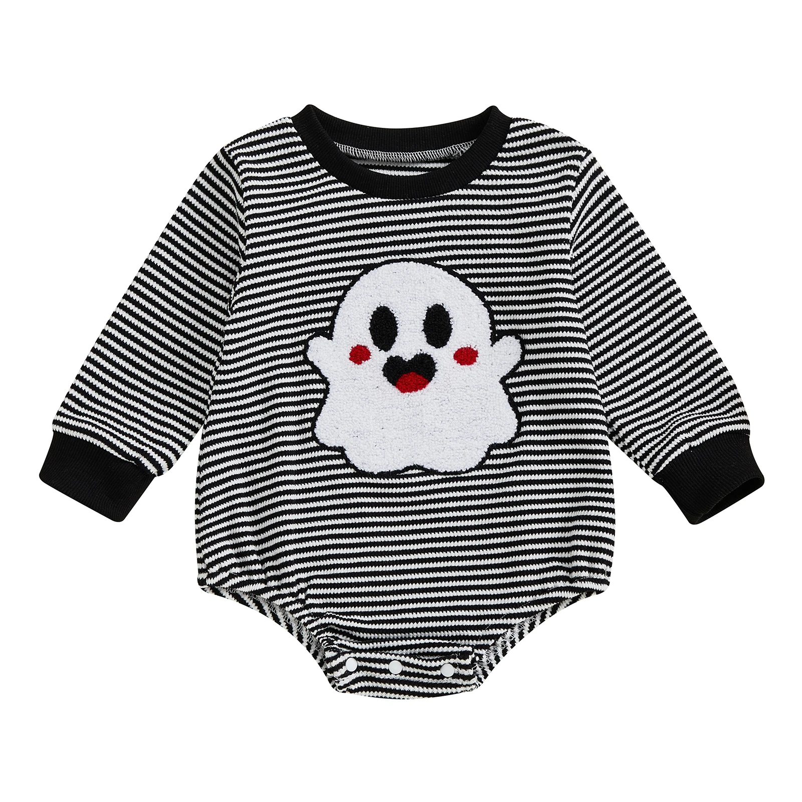 

Baby Boy Romper Long Sleeve Round Neck Ghost Embroidery Stripes Print Bodysuit Newborn Fall Playsuit