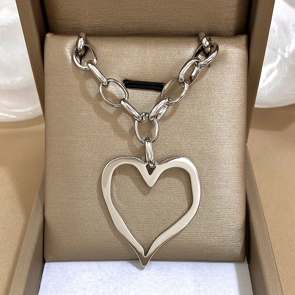 316L Edelstahl Gold Silber Farbe Halskette für Frauen Glänzend Punk Große Hohle Herz Anhänger Halsketten Valentinstag Geschenke – Detail 9