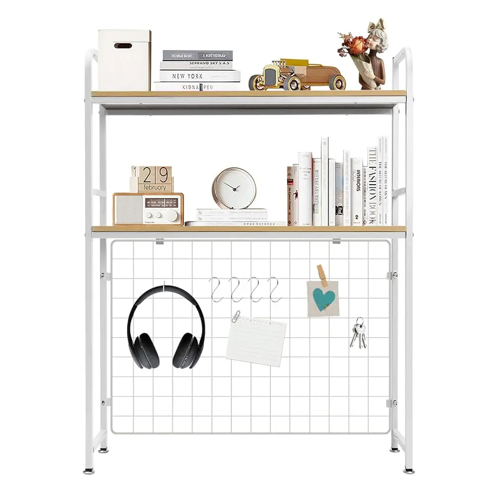 

2-Tier Bookcase Countertop Display Shelf Adjustable Wood Ra Organizer For Home Dorm Office Supplies (White-With Grid)