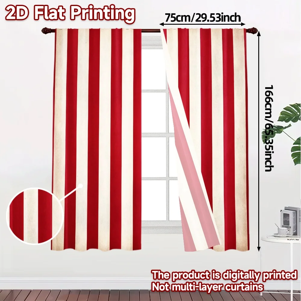 2pcs, 2D FLAT PRINTING Curtains (Without Rod) RedWhiteStripes(3) Pattern Popular Curtains Versatile 100% Polyester Curtains