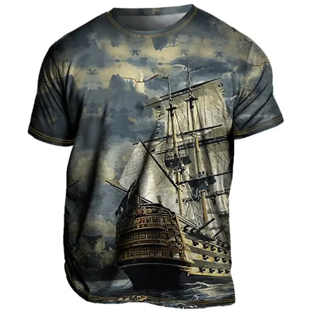 

2023 Summer 3d Sailing Boat Printed T-shirt Male Compass Vintage Graphic Street Short Sleeve Tee Tops