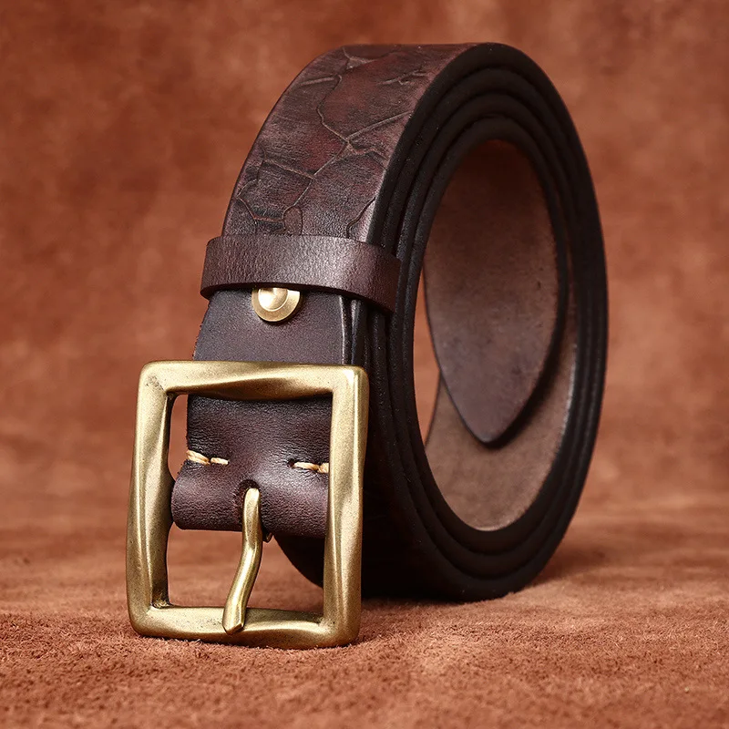 3.8CM Retro Cowhide Copper Buckle Crack Design Genuine Leather Belt For Jeans Fashion Casual Belt Men Jeans Luxury Male Strap