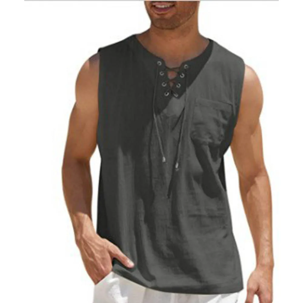 Men Summer Linen Tank Top Sleeveless T-Shirt Lace-up Design Solid Color Shirt Loose Fit Vest Daily Cotton Linen Vest Clothing