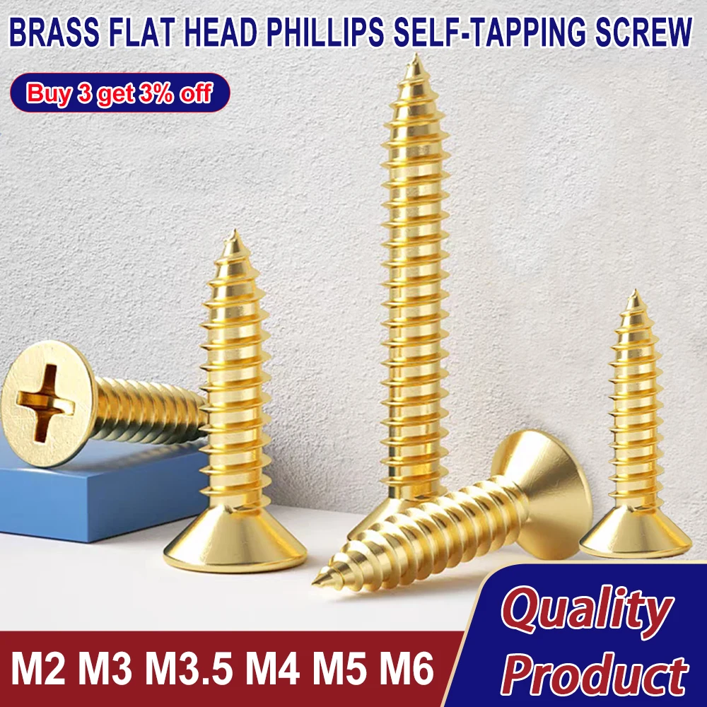 

Brass Flat Head Phillips Self-tapping Screw M2 M3 M3.5 M4 M5 M6 Cross Countersunk Funiture Tapping Screws Woodworking Fasteners