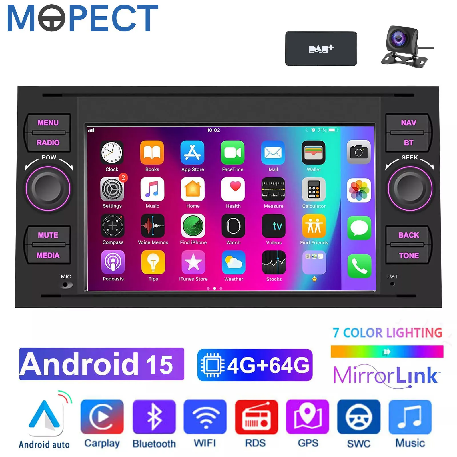 MOPECT 7" Android 15 4+64G Autoradio 2Din con CarPlay Wireless, Radio Android per Ford Focus/S-Max Transit/Kuga Connect Galaxy, Multimedia GPS RDS, Autoradio, Unità Principale, Navigatore, BT, GPS,