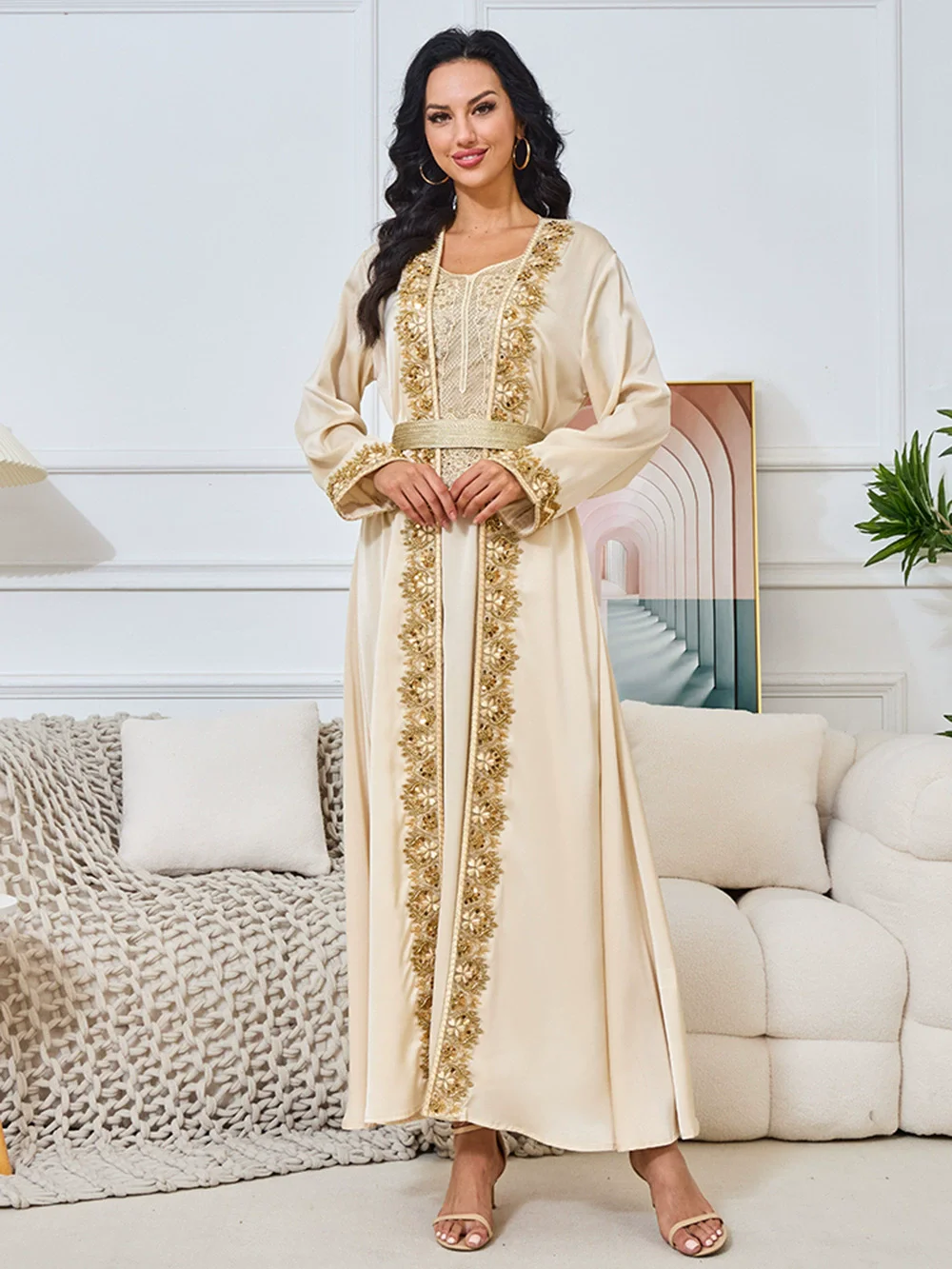 

Middle Eastern Muslim clothing evening dress summer new fashion bead dress long sleeved cardigan two-piece set