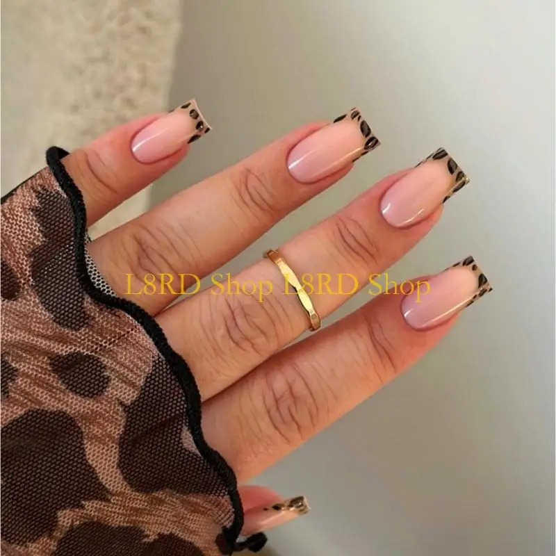 L8RD 24 Pcs Leopard Print French Tip Short Square Acrylic Press on Manicure