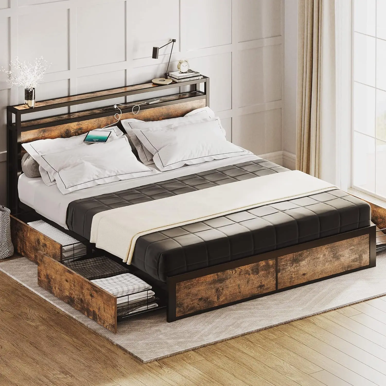 Cama Queen Frame com Gaveta De Armazenamento, Cabeceira Com Estação De Carregamento, Nenhuma Mola De Caixa Necessária, Fácil Montagem