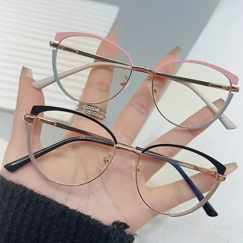 New Anti Blue Light Glasses Fashionable Women's Cat Eye Open Ball Eyes Frame Metal Bicolor Myopia Glasses Frame Whosale Gafas