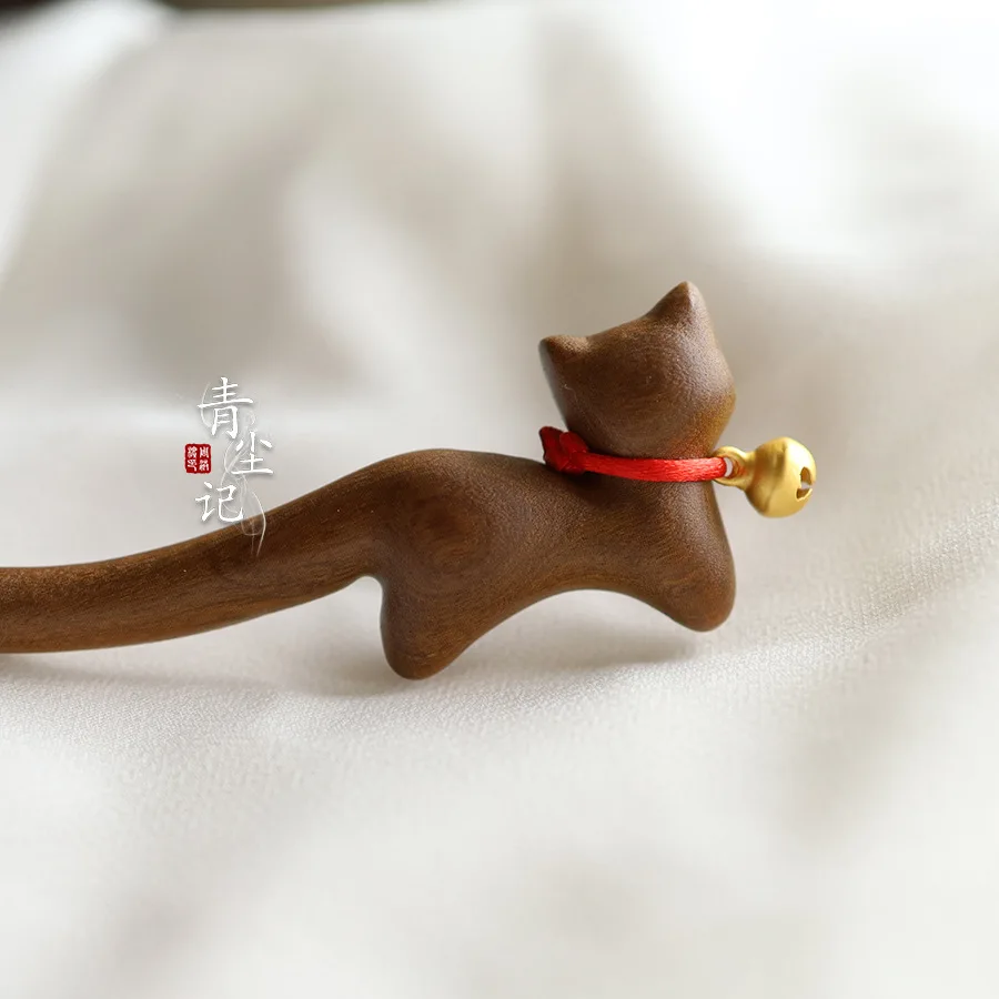 白檀の子猫のヘアピンの鐘は富と宝をもたらしますオリジナルのヘアピン古代スタイルスタイリッシュ