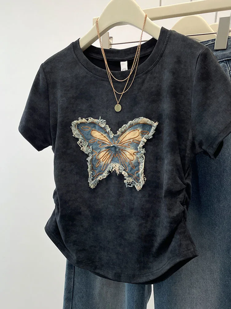 Summer American Spicy Girl Round Neck T-shirt Versatile Elegance Sexy Women's Top Heavy Industry Cowboy Butterfly Patch