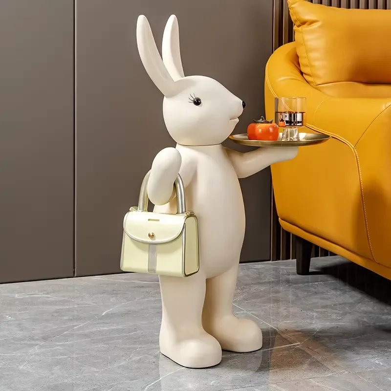 Nordic Luxury 84cm Large Cartoon Rabbit Resin Statue Floor Decoration Art Home Porch Ornament 3 in 1 Tray Storage Tank