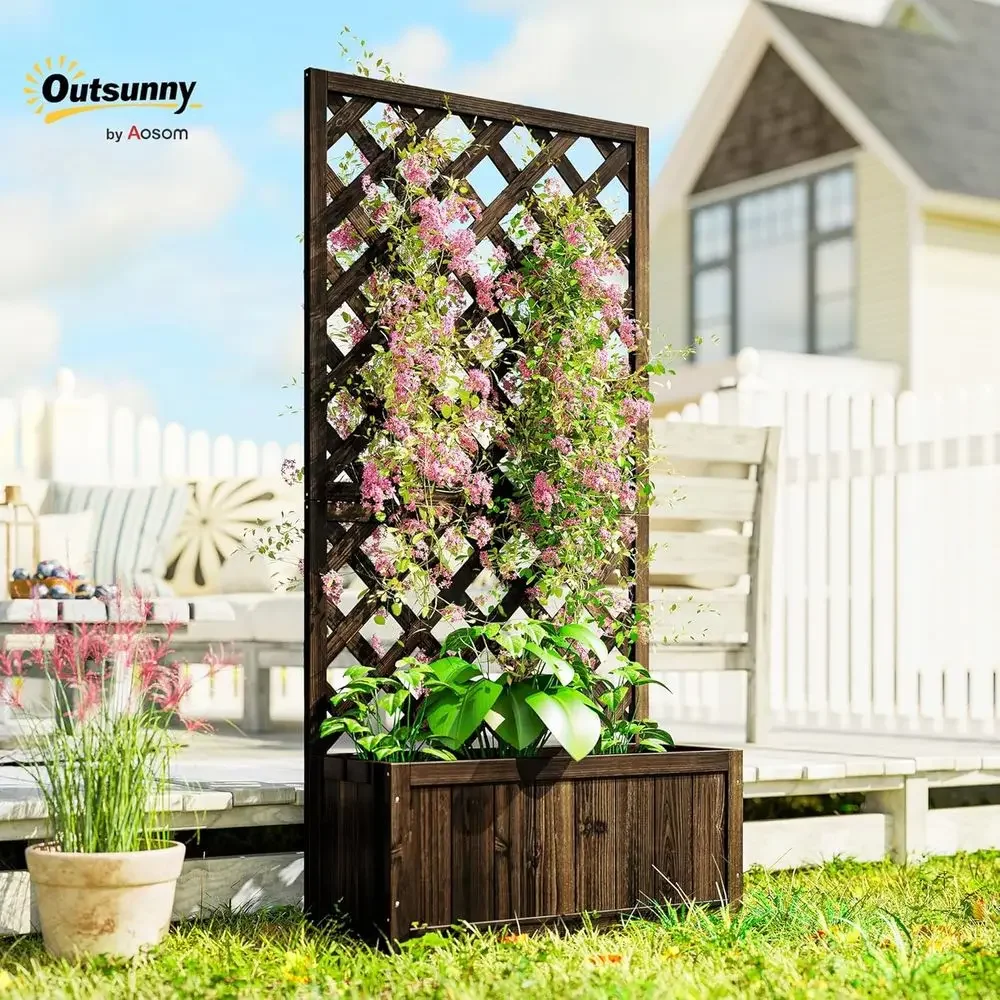 Raised Wooden Garden Bed with Trellis, 59 Outdoor Planter Box, Drainage Holes, for Climbing Plants, Brown