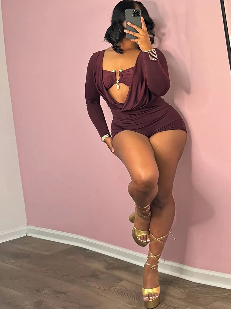Sisterlinda Playsuits mit schwingendem Ausschnitt für Damen, einfarbig, mit Metalleinsatz, Ausschnitt, volle Ärmel, Stretch, sexy, schmal geschnitten, schick, trendige Clubwear – Detail 21