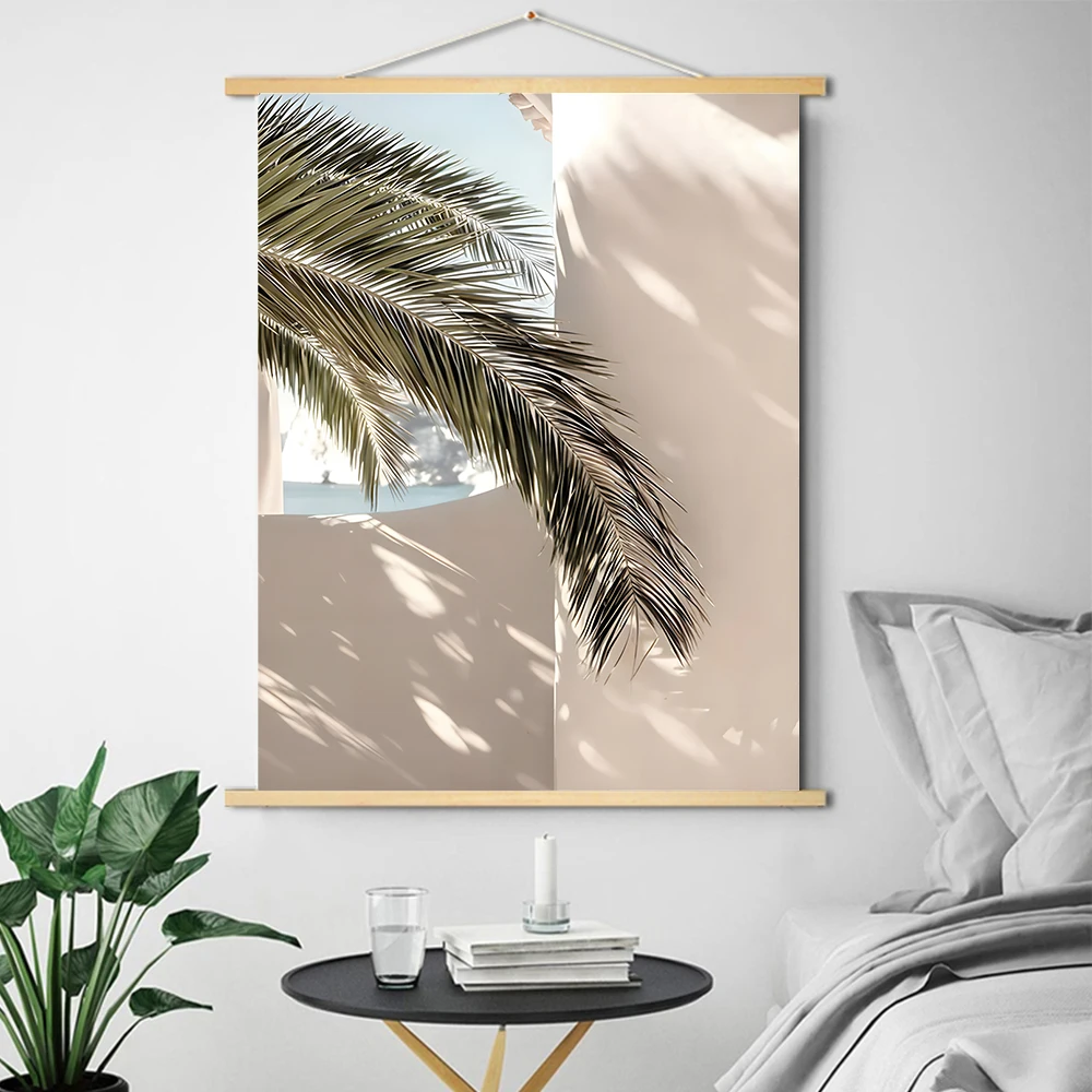 Wood Hanging Scroll Painting Sea Reef Beach Seagull Tree Bridge Palm Tree Poster Print Wall Art Canvas Painting Living RoomDecor
